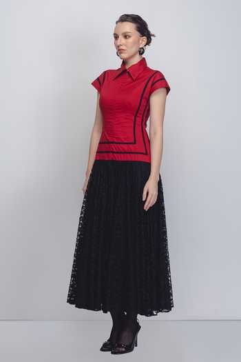 Leh Studios_Black Cotton Collared Blare Color Block Dress _Online_at_Aza_Fashions