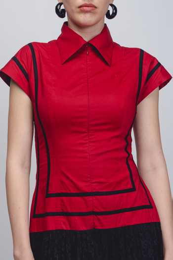Leh Studios_Black Cotton Collared Blare Color Block Dress _at_Aza_Fashions