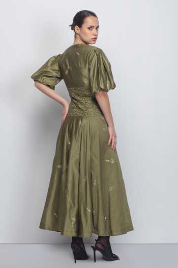 Shop_Leh Studios_Olive Green Silk, Cotton Embroidery, Sequins V-neck Montana Floral Dress _at_Aza_Fashions
