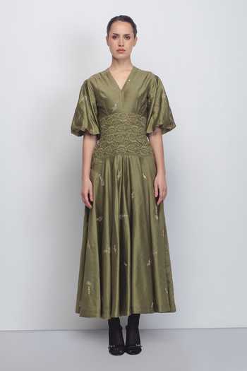 Leh Studios_Olive Green Silk, Cotton Embroidery, Sequins V-neck Montana Floral Dress _Online_at_Aza_Fashions