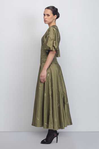 Buy_Leh Studios_Olive Green Silk, Cotton Embroidery, Sequins V-neck Montana Floral Dress _Online_at_Aza_Fashions