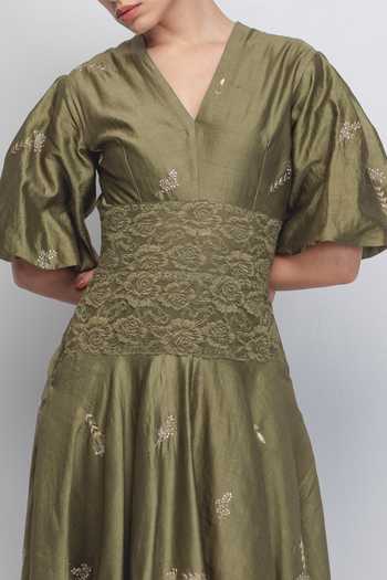 Shop_Leh Studios_Olive Green Silk, Cotton Embroidery, Sequins V-neck Montana Floral Dress _Online_at_Aza_Fashions