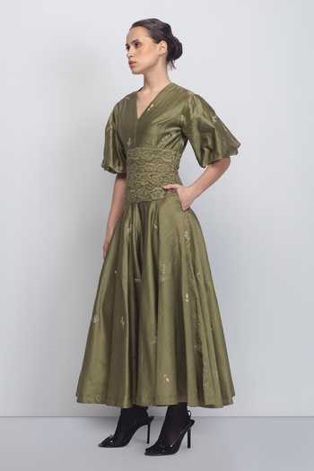 Buy_Leh Studios_Olive Green Silk, Cotton Embroidery, Sequins V-neck Montana Floral Dress _at_Aza_Fashions