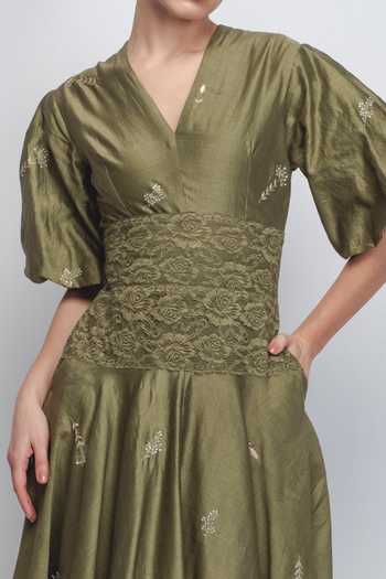 Leh Studios_Olive Green Silk, Cotton Embroidery, Sequins V-neck Montana Floral Dress _at_Aza_Fashions