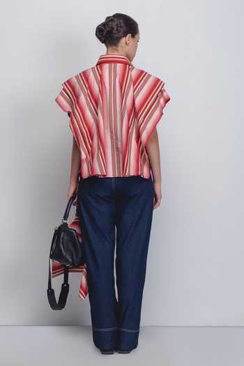 Shop_Leh Studios_White Cotton Collared Tako Stripe Print Top _at_Aza_Fashions