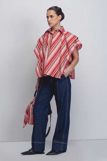 Leh Studios_White Cotton Collared Tako Stripe Print Top _Online_at_Aza_Fashions