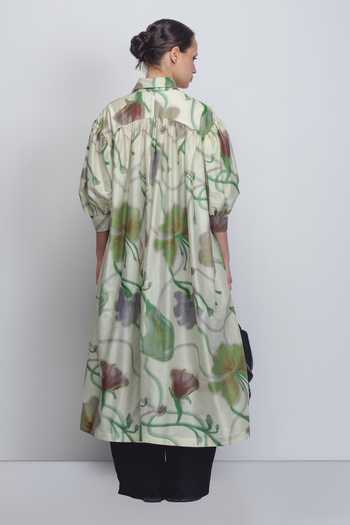 Shop_Leh Studios_Mint Silk, Cotton Button-down Neck Paron Print Drop Shirt Dress _at_Aza_Fashions