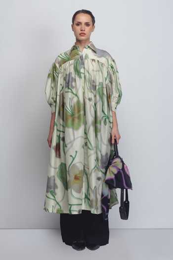 Buy_Leh Studios_Mint Silk, Cotton Button-down Neck Paron Print Drop Shirt Dress _at_Aza_Fashions