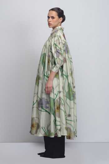Leh Studios_Mint Silk, Cotton Button-down Neck Paron Print Drop Shirt Dress _Online_at_Aza_Fashions