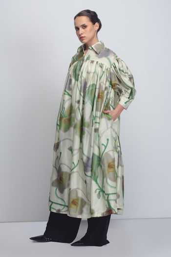 Buy_Leh Studios_Mint Silk, Cotton Button-down Neck Paron Print Drop Shirt Dress _Online_at_Aza_Fashions
