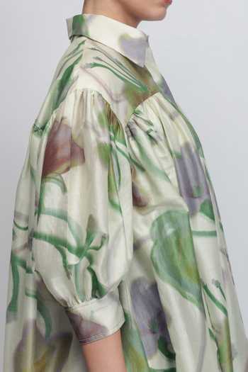 Leh Studios_Mint Silk, Cotton Button-down Neck Paron Print Drop Shirt Dress _at_Aza_Fashions