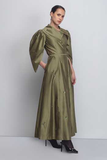 LEH STUDIOS_Olive Green Silk, Cotton Embroidery Shawl Neck Cosmos Floral Dress _Online_at_Aza_Fashions