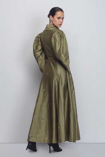 Shop_LEH STUDIOS_Olive Green Silk, Cotton Embroidery Shawl Neck Cosmos Floral Dress _at_Aza_Fashions