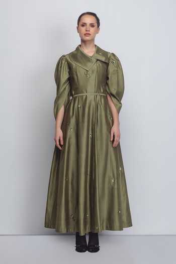 Buy_LEH STUDIOS_Olive Green Silk, Cotton Embroidery Shawl Neck Cosmos Floral Dress _at_Aza_Fashions