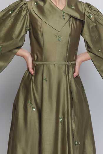 Buy_LEH STUDIOS_Olive Green Silk, Cotton Embroidery Shawl Neck Cosmos Floral Dress _Online_at_Aza_Fashions