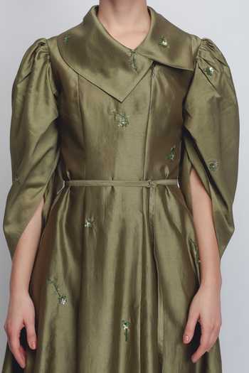 Shop_LEH STUDIOS_Olive Green Silk, Cotton Embroidery Shawl Neck Cosmos Floral Dress _Online_at_Aza_Fashions