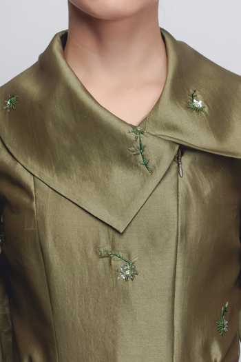 LEH STUDIOS_Olive Green Silk, Cotton Embroidery Shawl Neck Cosmos Floral Dress _at_Aza_Fashions