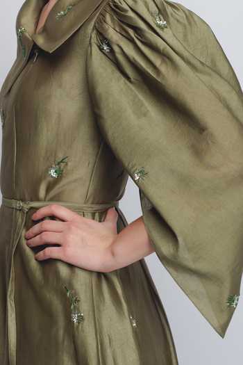 Buy_LEH STUDIOS_Olive Green Silk, Cotton Embroidery Shawl Neck Cosmos Floral Dress 