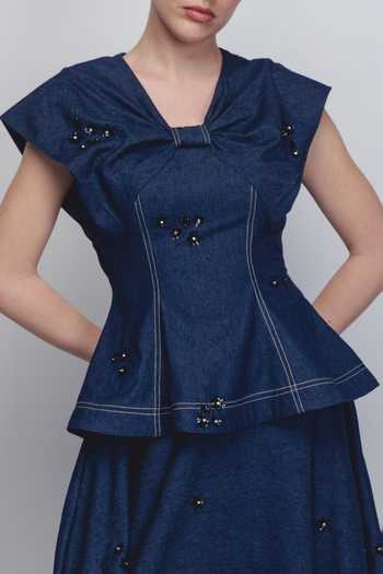 Leh Studios_Blue Cotton Embroidery, Sequins V-neck Bonnie Top _Online_at_Aza_Fashions