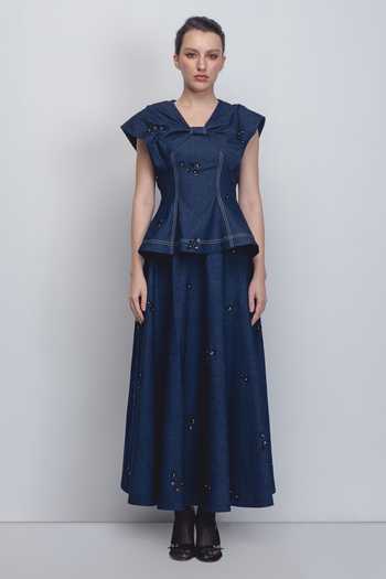 Buy_Leh Studios_Blue Cotton Embroidery, Sequins V-neck Bonnie Top _at_Aza_Fashions