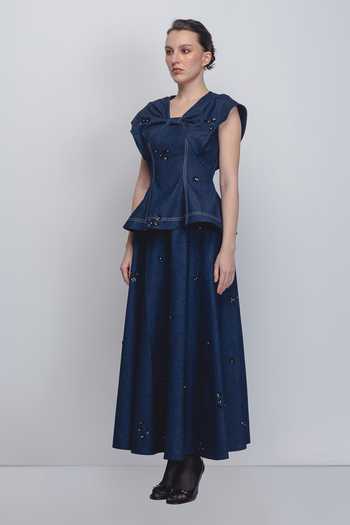 Shop_Leh Studios_Blue Cotton Embroidery, Sequins V-neck Bonnie Top _Online_at_Aza_Fashions