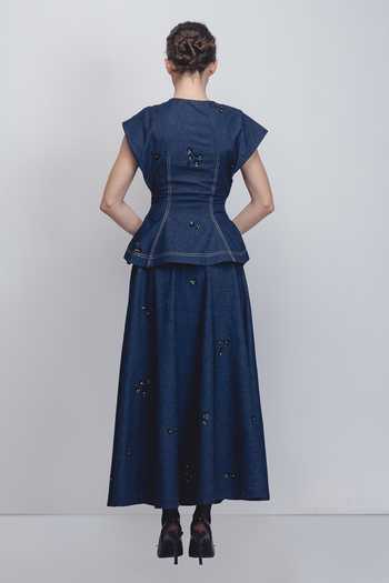 Shop_Leh Studios_Blue Cotton Embroidery, Sequins V-neck Bonnie Top _at_Aza_Fashions