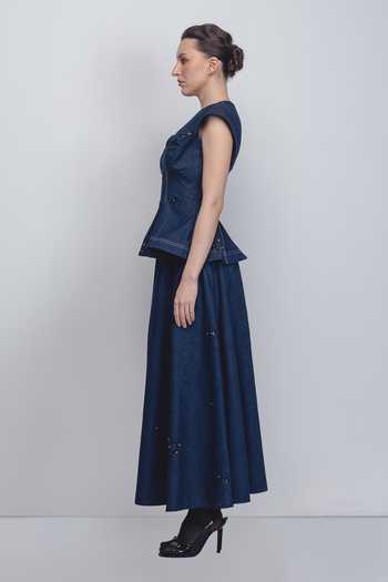 Leh Studios_Blue Cotton Embroidery, Sequins V-neck Bonnie Top _at_Aza_Fashions