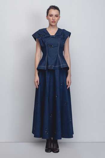 Buy_Leh Studios_Blue Cotton Embroidery, Sequins Bonnie Skirt _at_Aza_Fashions