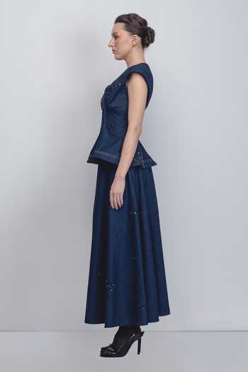 Shop_Leh Studios_Blue Cotton Embroidery, Sequins Bonnie Skirt _Online_at_Aza_Fashions
