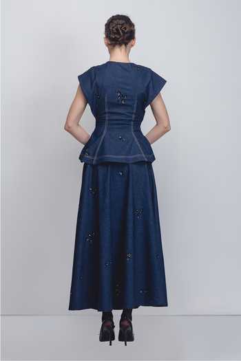 Shop_Leh Studios_Blue Cotton Embroidery, Sequins Bonnie Skirt _at_Aza_Fashions