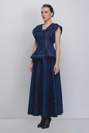 Leh Studios_Blue Cotton Embroidery, Sequins Bonnie Skirt _at_Aza_Fashions