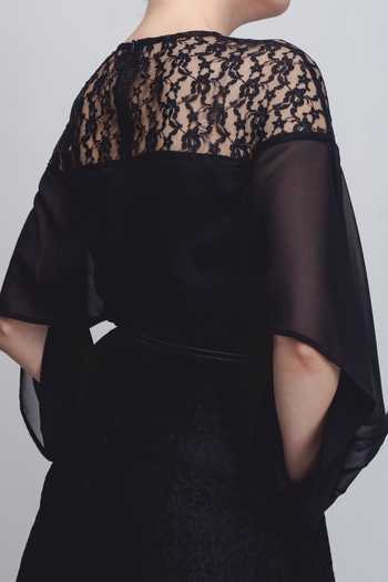 Leh Studios_Black Viscose, Polyester Lace High Neck Cath Floral Embellished Dress _Online_at_Aza_Fashions