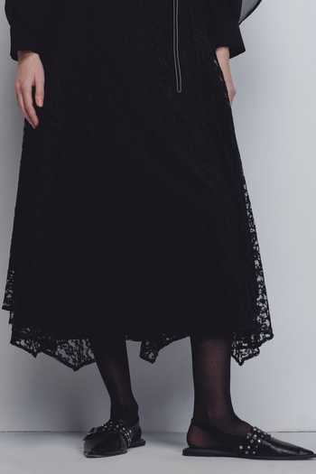 Leh Studios_Black Viscose, Polyester Lace High Neck Cath Floral Embellished Dress _at_Aza_Fashions