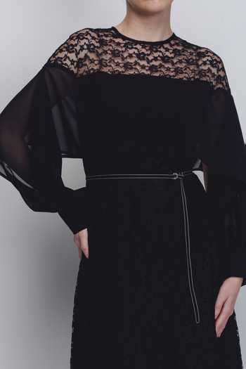 Buy_Leh Studios_Black Viscose, Polyester Lace High Neck Cath Floral Embellished Dress 