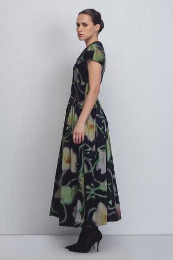 Leh Studios_Black Silk, Cotton V-neck Jenn Floral Print Dress _Online_at_Aza_Fashions