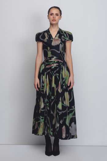Buy_Leh Studios_Black Silk, Cotton V-neck Jenn Floral Print Dress _at_Aza_Fashions