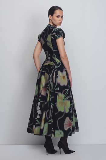 Shop_Leh Studios_Black Silk, Cotton V-neck Jenn Floral Print Dress _at_Aza_Fashions