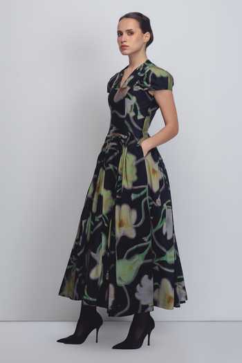 Buy_Leh Studios_Black Silk, Cotton V-neck Jenn Floral Print Dress _Online_at_Aza_Fashions