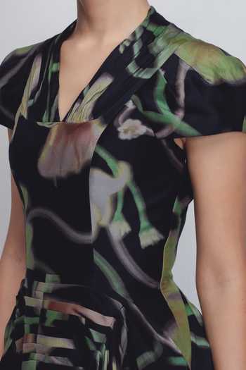 Leh Studios_Black Silk, Cotton V-neck Jenn Floral Print Dress _at_Aza_Fashions