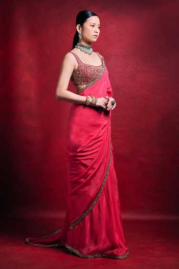 Shop_Tamanna Punjabi Kapoor_Gold Silk, Satin Embroidery, Sequins, Pearls, Zari Square Habutai Saree Set _at_Aza_Fashions