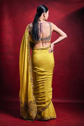 Shop_Tamanna Punjabi Kapoor_Yellow Crepe, Satin Embroidery, Sequins, Pearls, Bordered Saree And Blouse Set _at_Aza_Fashions