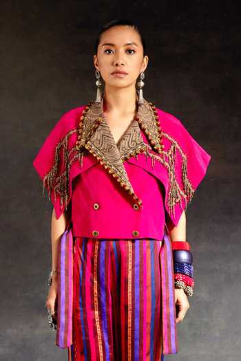 Buy_Aseem Kapoor_Pink Crepe Zari, Tassels Notched Neck Zoa Taselled Cropped Trench Jacket _at_Aza_Fashions
