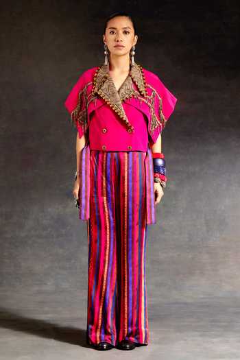 Aseem Kapoor_Pink Crepe Zari, Tassels Notched Neck Zoa Taselled Cropped Trench Jacket _at_Aza_Fashions