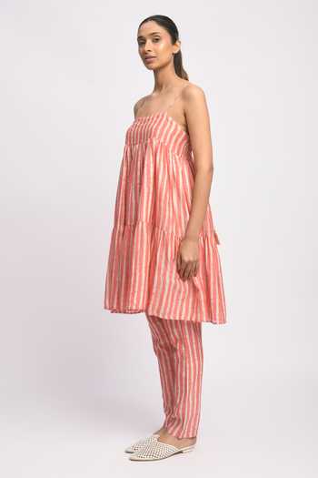 JAYATI GOENKA_Pink Cotton, Chanderi Silk Tassels Strappy Kashish Printed Anarkali And Pant Set _Online_at_Aza_Fashions