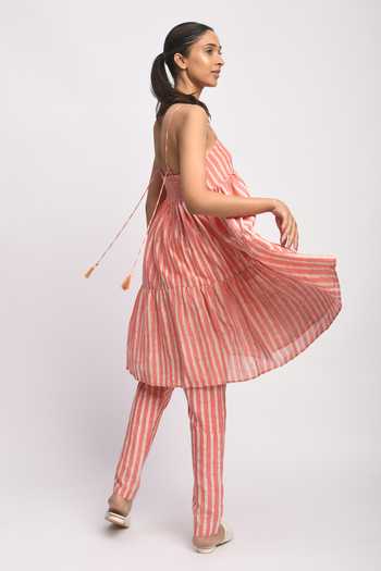 JAYATI GOENKA_Pink Cotton, Chanderi Silk Tassels Strappy Kashish Printed Anarkali And Pant Set _at_Aza_Fashions