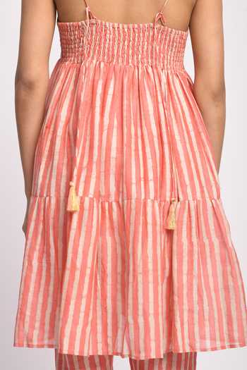 Buy_JAYATI GOENKA_Pink Cotton, Chanderi Silk Tassels Strappy Kashish Printed Anarkali And Pant Set 