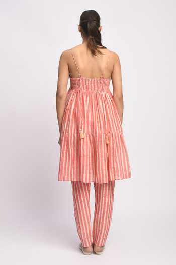 Shop_JAYATI GOENKA_Pink Cotton, Chanderi Silk Tassels Strappy Kashish Printed Anarkali And Pant Set _at_Aza_Fashions