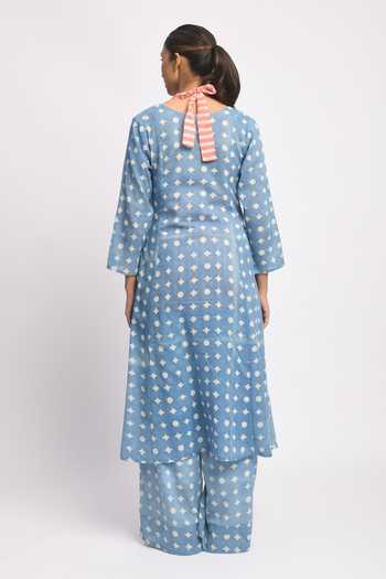 Shop_JAYATI GOENKA_Blue Cotton, Chanderi Silk V-, Yes, Halter Sky Printed Kurta And Pant Set _at_Aza_Fashions