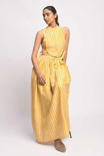 Buy_JAYATI GOENKA_Yellow Cotton, Chanderi Silk Tassels High Neck Sandy Printed Top And Skirt Set _at_Aza_Fashions