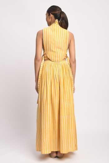 Shop_JAYATI GOENKA_Yellow Cotton, Chanderi Silk Tassels High Neck Sandy Printed Top And Skirt Set _at_Aza_Fashions